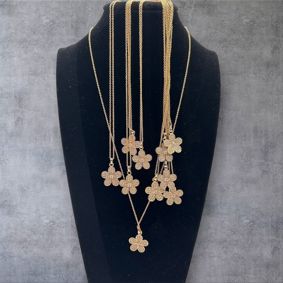 Jewelry - NEW Lot of 10 Gold Flower Necklaces Rhinestones Reseller Bundle Adjustable Chain